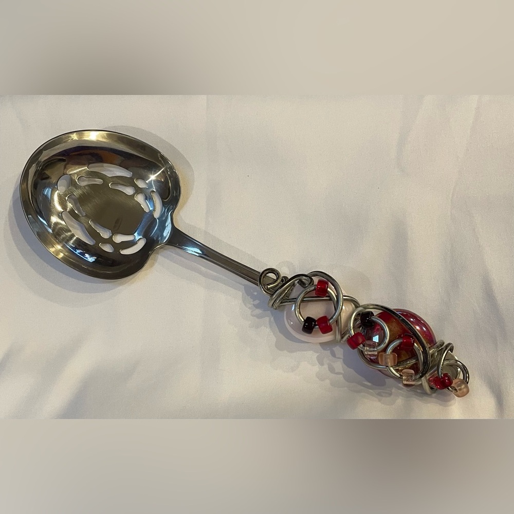 Decorative Stainless Steel Slotted Serving Spoon with Wire Wrapped Beaded Handle
